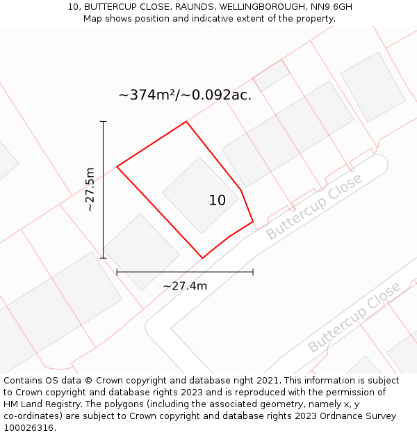 10, BUTTERCUP CLOSE, RAUNDS, WELLINGBOROUGH, NN9 6GH: Plot and title map
