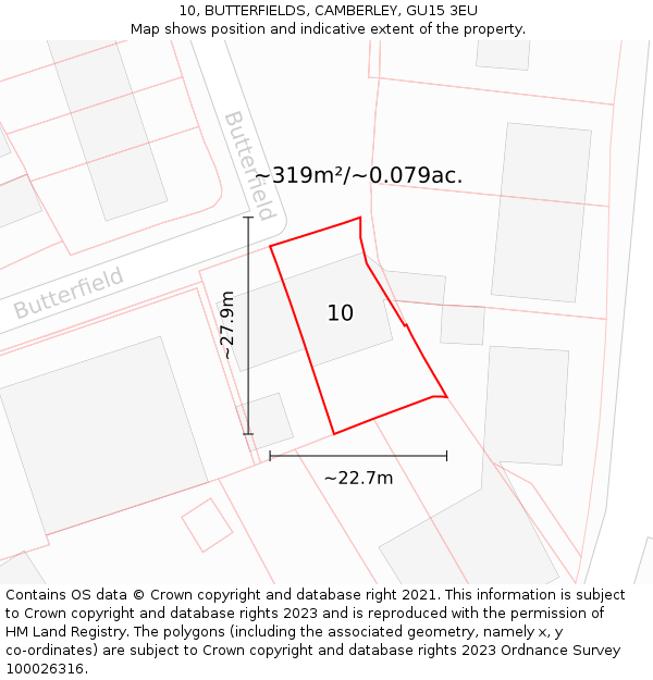 10, BUTTERFIELDS, CAMBERLEY, GU15 3EU: Plot and title map