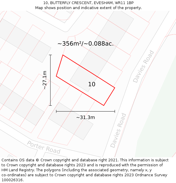 10, BUTTERFLY CRESCENT, EVESHAM, WR11 1BP: Plot and title map