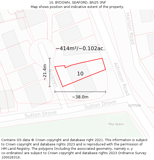 10, BYDOWN, SEAFORD, BN25 3NF: Plot and title map