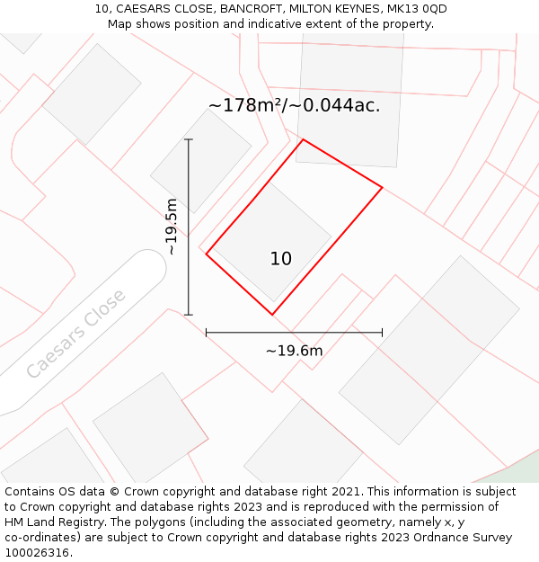 10, CAESARS CLOSE, BANCROFT, MILTON KEYNES, MK13 0QD: Plot and title map