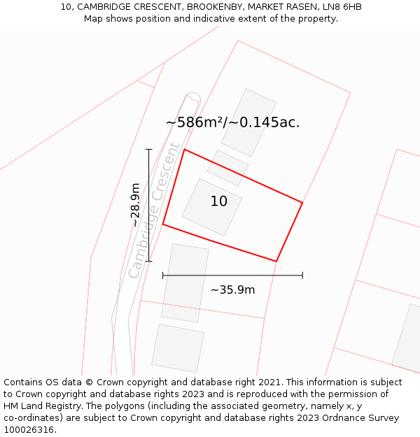 10, CAMBRIDGE CRESCENT, BROOKENBY, MARKET RASEN, LN8 6HB: Plot and title map