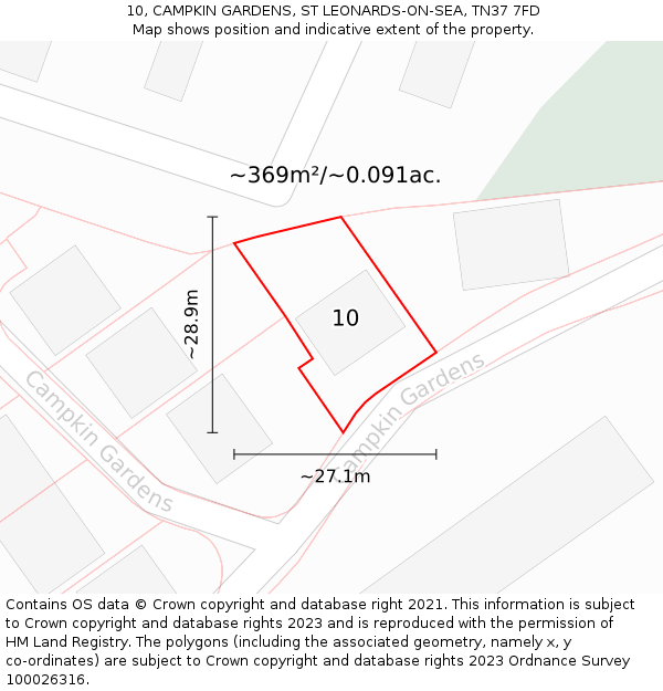 10, CAMPKIN GARDENS, ST LEONARDS-ON-SEA, TN37 7FD: Plot and title map