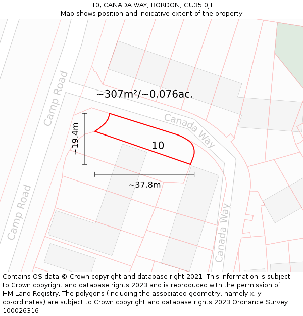 10, CANADA WAY, BORDON, GU35 0JT: Plot and title map