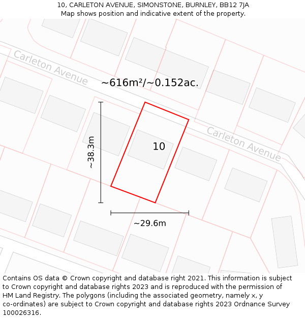 10, CARLETON AVENUE, SIMONSTONE, BURNLEY, BB12 7JA: Plot and title map