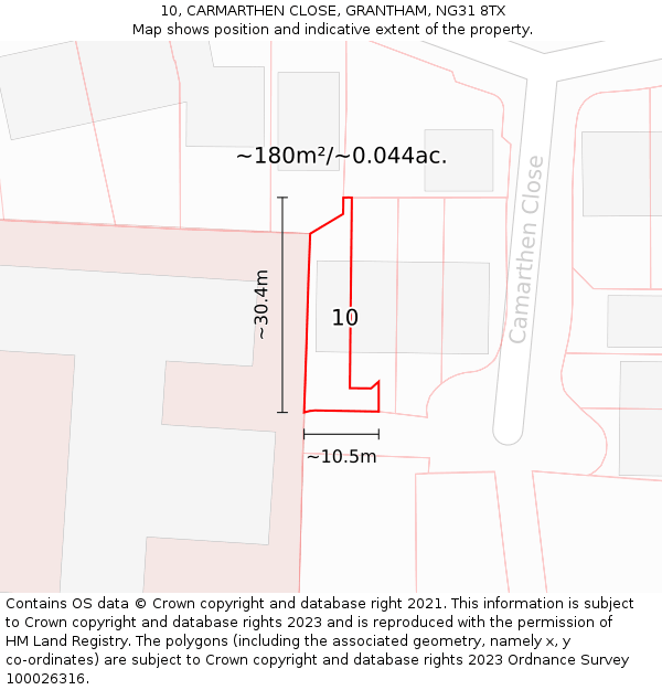10, CARMARTHEN CLOSE, GRANTHAM, NG31 8TX: Plot and title map