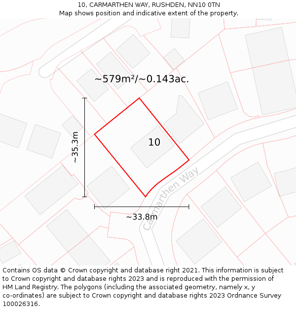 10, CARMARTHEN WAY, RUSHDEN, NN10 0TN: Plot and title map