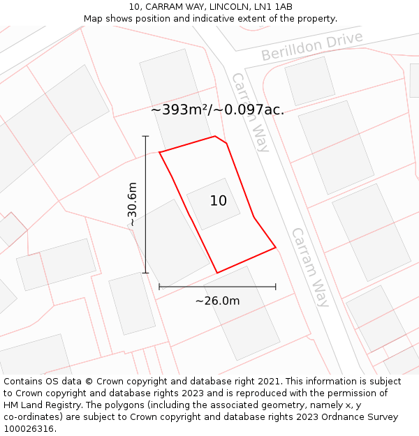 10, CARRAM WAY, LINCOLN, LN1 1AB: Plot and title map
