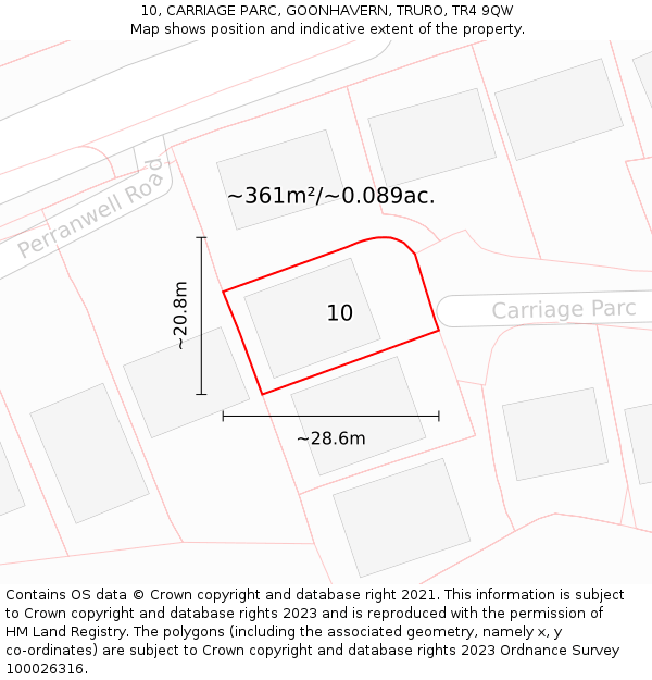 10, CARRIAGE PARC, GOONHAVERN, TRURO, TR4 9QW: Plot and title map