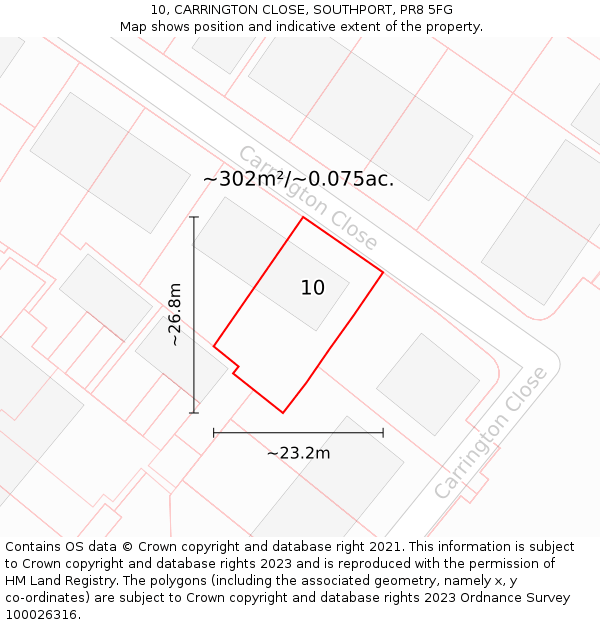 10, CARRINGTON CLOSE, SOUTHPORT, PR8 5FG: Plot and title map