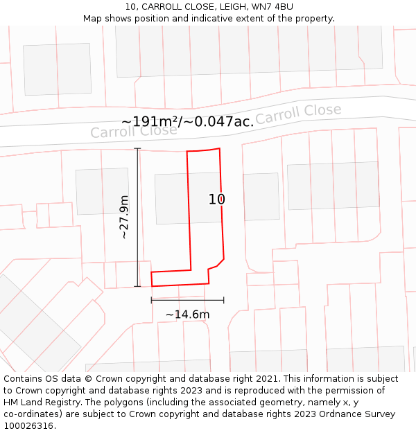 10, CARROLL CLOSE, LEIGH, WN7 4BU: Plot and title map