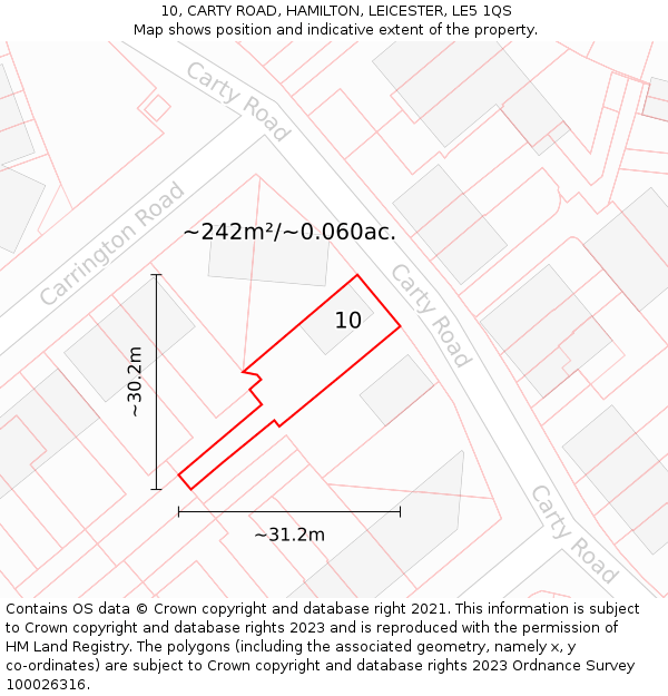 10, CARTY ROAD, HAMILTON, LEICESTER, LE5 1QS: Plot and title map