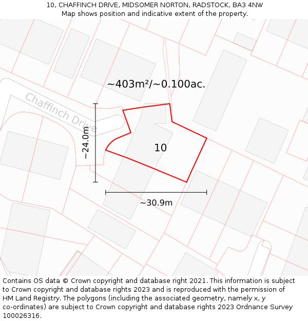 10, CHAFFINCH DRIVE, MIDSOMER NORTON, RADSTOCK, BA3 4NW: Plot and title map