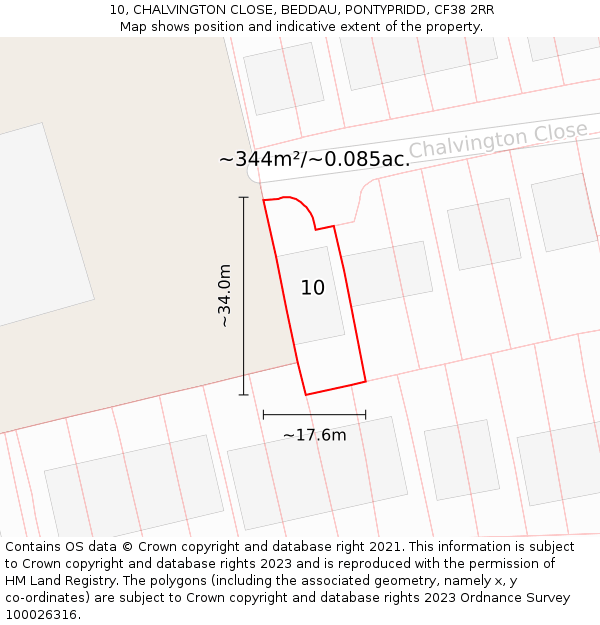 10, CHALVINGTON CLOSE, BEDDAU, PONTYPRIDD, CF38 2RR: Plot and title map