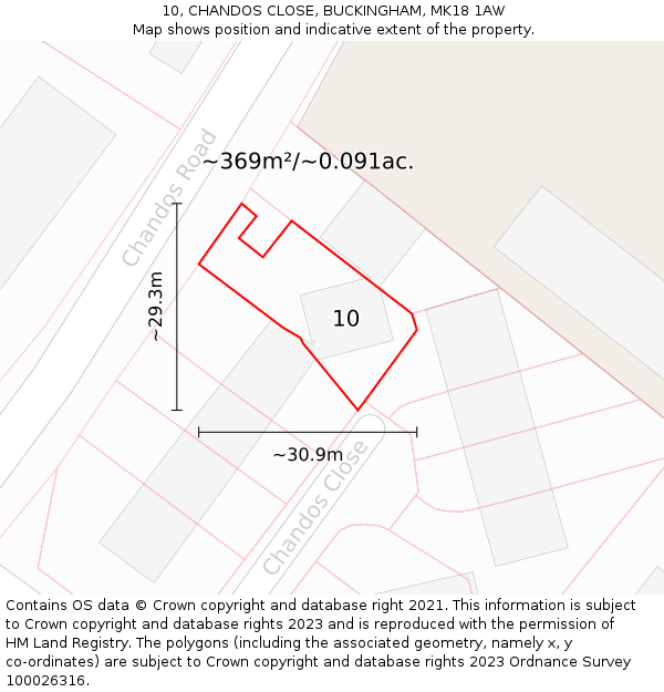 10, CHANDOS CLOSE, BUCKINGHAM, MK18 1AW: Plot and title map