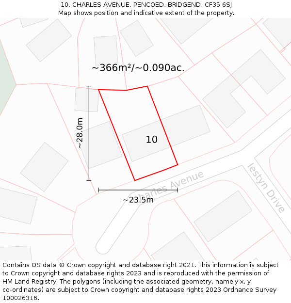 10, CHARLES AVENUE, PENCOED, BRIDGEND, CF35 6SJ: Plot and title map
