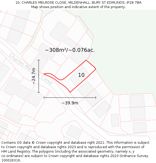 10, CHARLES MELROSE CLOSE, MILDENHALL, BURY ST EDMUNDS, IP28 7BA: Plot and title map