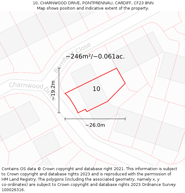 10, CHARNWOOD DRIVE, PONTPRENNAU, CARDIFF, CF23 8NN: Plot and title map
