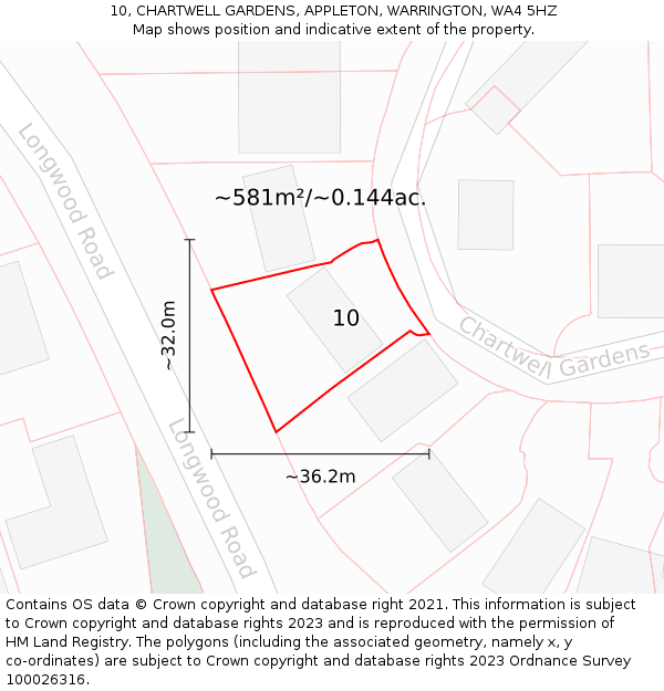 10, CHARTWELL GARDENS, APPLETON, WARRINGTON, WA4 5HZ: Plot and title map