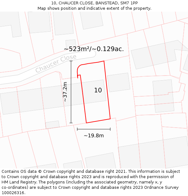10, CHAUCER CLOSE, BANSTEAD, SM7 1PP: Plot and title map