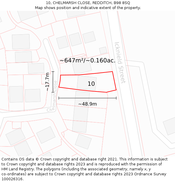 10, CHELMARSH CLOSE, REDDITCH, B98 8SQ: Plot and title map