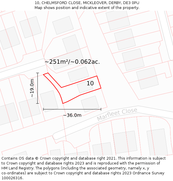 10, CHELMSFORD CLOSE, MICKLEOVER, DERBY, DE3 0PU: Plot and title map