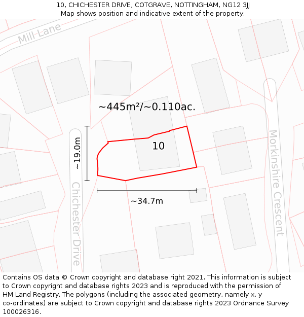 10, CHICHESTER DRIVE, COTGRAVE, NOTTINGHAM, NG12 3JJ: Plot and title map