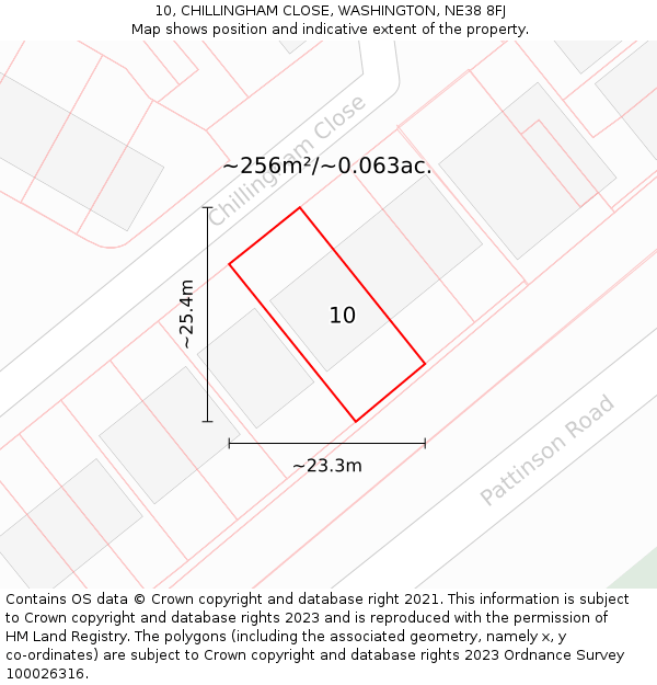 10, CHILLINGHAM CLOSE, WASHINGTON, NE38 8FJ: Plot and title map