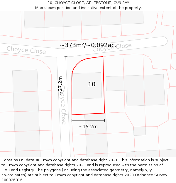 10, CHOYCE CLOSE, ATHERSTONE, CV9 3AY: Plot and title map