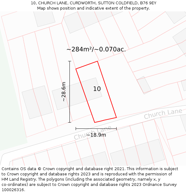 10, CHURCH LANE, CURDWORTH, SUTTON COLDFIELD, B76 9EY: Plot and title map
