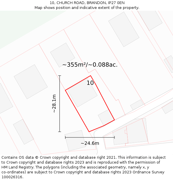 10, CHURCH ROAD, BRANDON, IP27 0EN: Plot and title map