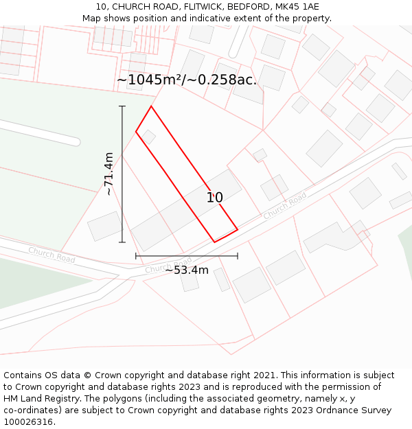 10, CHURCH ROAD, FLITWICK, BEDFORD, MK45 1AE: Plot and title map