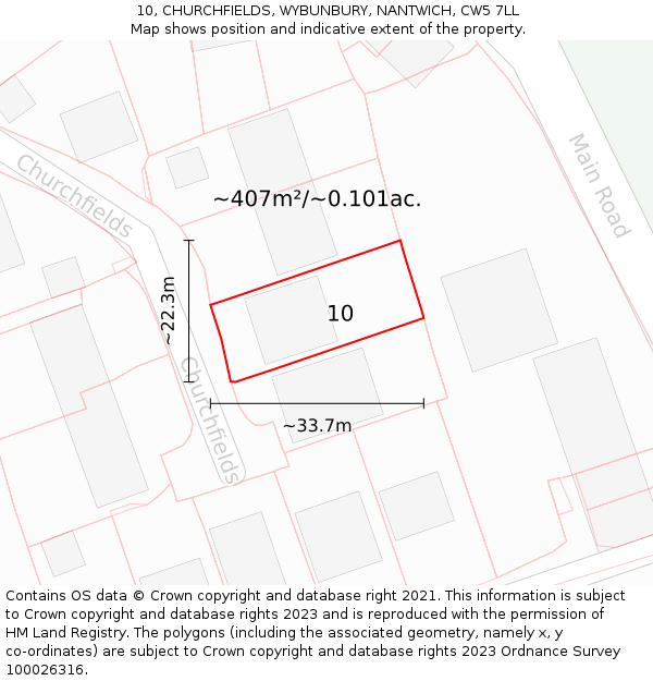 10, CHURCHFIELDS, WYBUNBURY, NANTWICH, CW5 7LL: Plot and title map