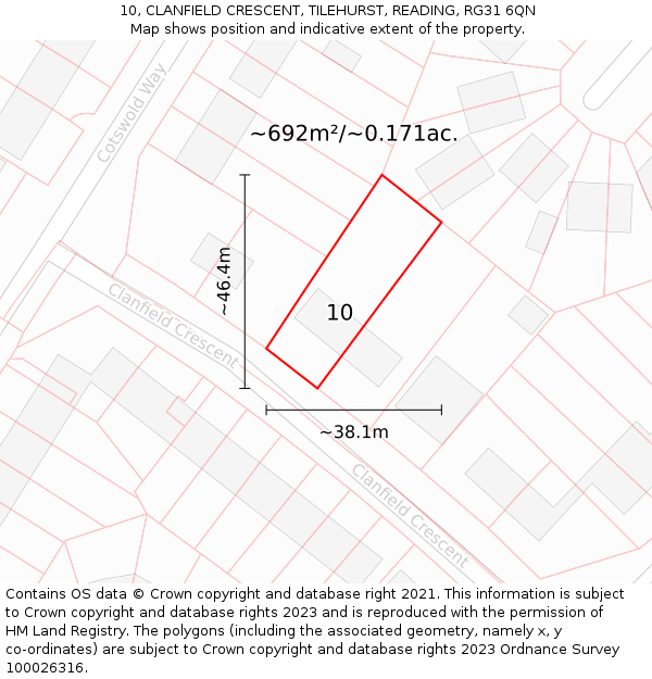 10, CLANFIELD CRESCENT, TILEHURST, READING, RG31 6QN: Plot and title map