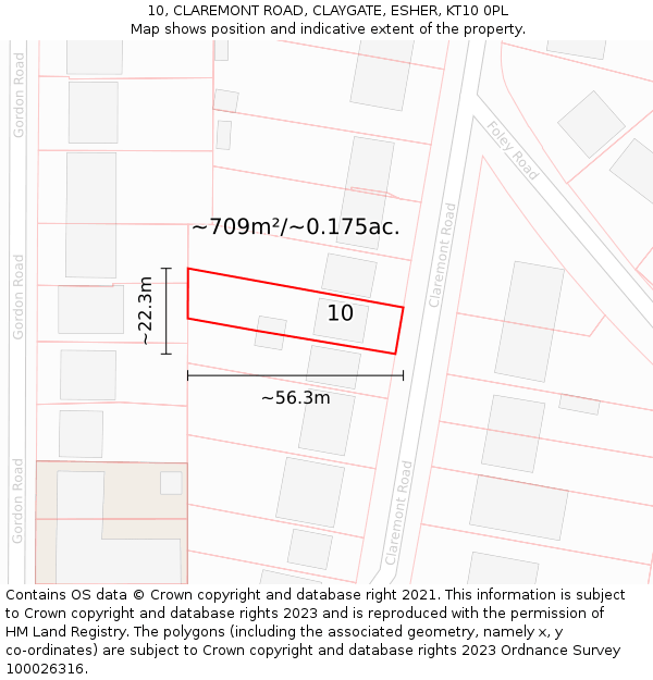10, CLAREMONT ROAD, CLAYGATE, ESHER, KT10 0PL: Plot and title map