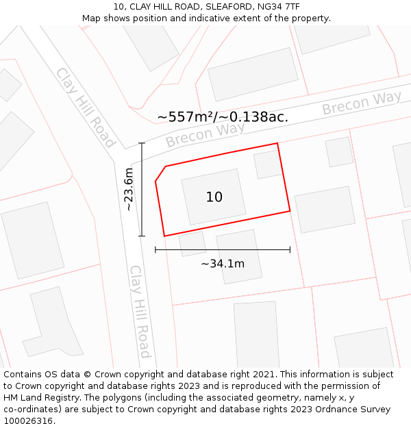 10, CLAY HILL ROAD, SLEAFORD, NG34 7TF: Plot and title map