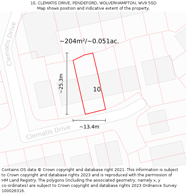 10, CLEMATIS DRIVE, PENDEFORD, WOLVERHAMPTON, WV9 5SD: Plot and title map