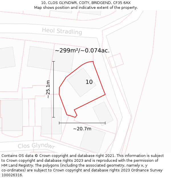10, CLOS GLYNDWR, COITY, BRIDGEND, CF35 6AX: Plot and title map