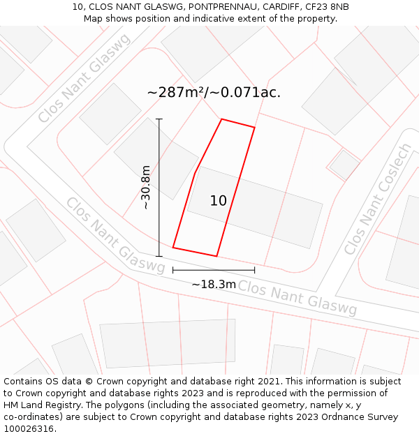 10, CLOS NANT GLASWG, PONTPRENNAU, CARDIFF, CF23 8NB: Plot and title map