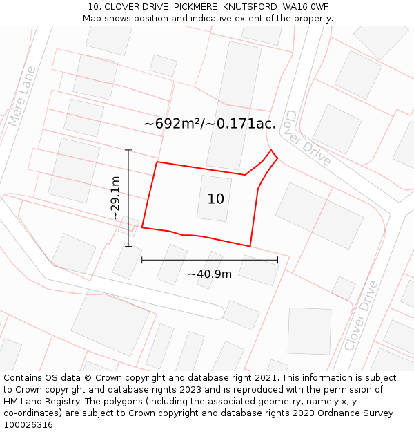 10, CLOVER DRIVE, PICKMERE, KNUTSFORD, WA16 0WF: Plot and title map