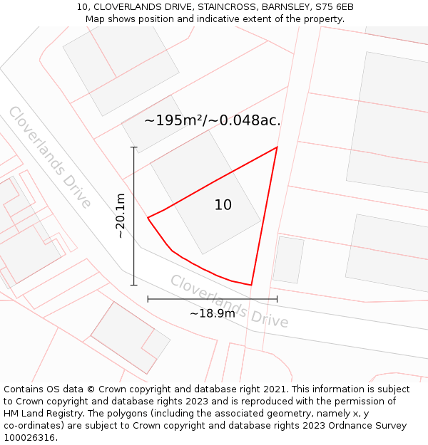 10, CLOVERLANDS DRIVE, STAINCROSS, BARNSLEY, S75 6EB: Plot and title map