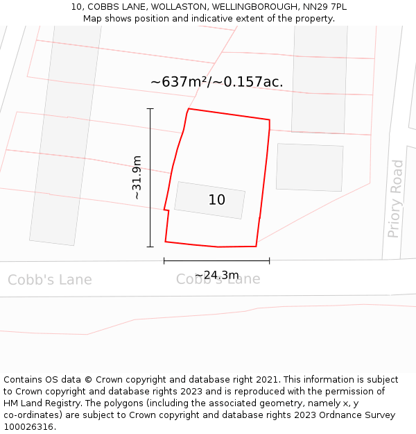 10, COBBS LANE, WOLLASTON, WELLINGBOROUGH, NN29 7PL: Plot and title map