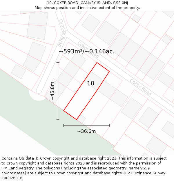 10, COKER ROAD, CANVEY ISLAND, SS8 0NJ: Plot and title map