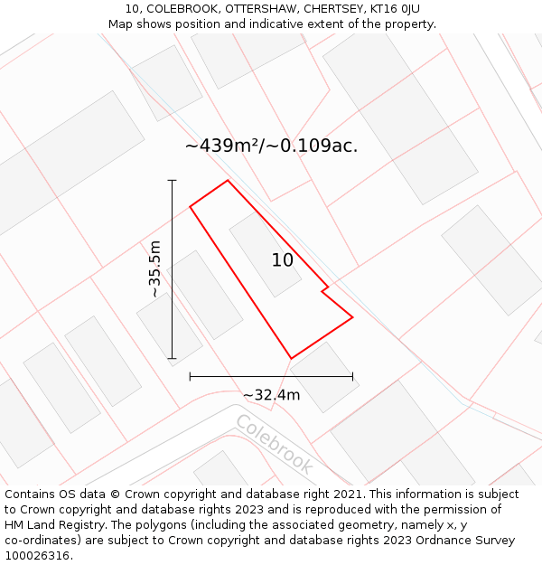 10, COLEBROOK, OTTERSHAW, CHERTSEY, KT16 0JU: Plot and title map