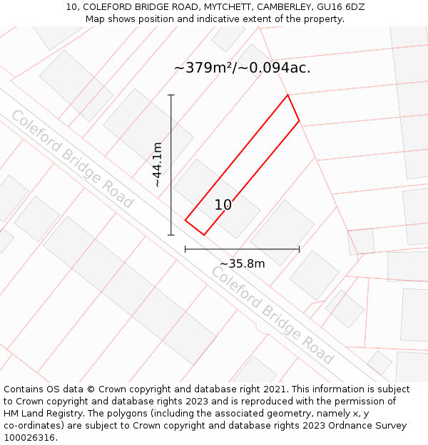 10, COLEFORD BRIDGE ROAD, MYTCHETT, CAMBERLEY, GU16 6DZ: Plot and title map