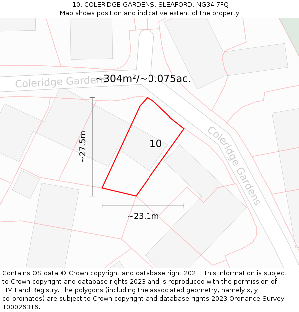 10, COLERIDGE GARDENS, SLEAFORD, NG34 7FQ: Plot and title map