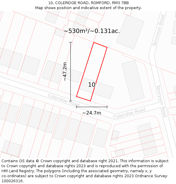10, COLERIDGE ROAD, ROMFORD, RM3 7BB: Plot and title map