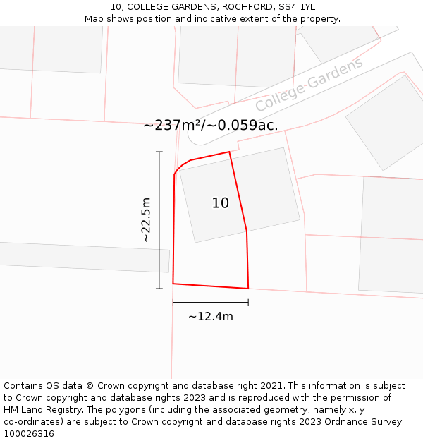10, COLLEGE GARDENS, ROCHFORD, SS4 1YL: Plot and title map
