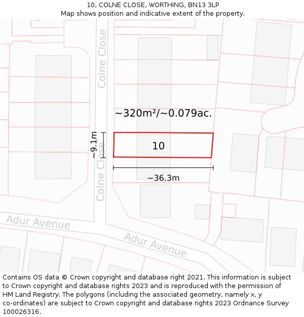 10, COLNE CLOSE, WORTHING, BN13 3LP: Plot and title map