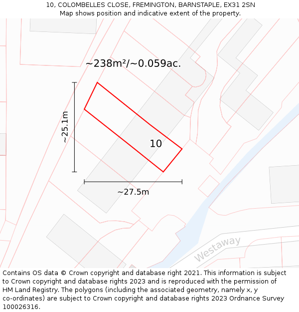10, COLOMBELLES CLOSE, FREMINGTON, BARNSTAPLE, EX31 2SN: Plot and title map